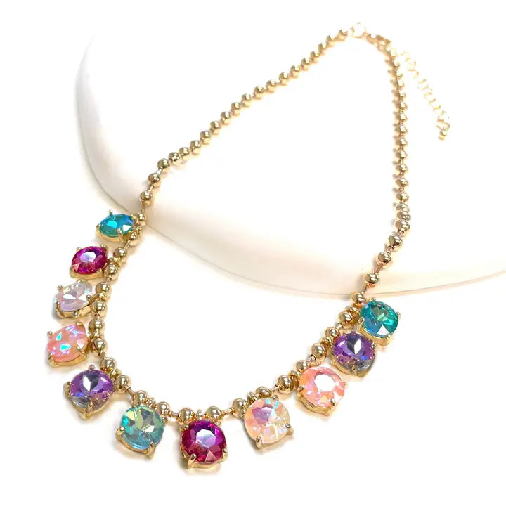 Crystal Glass Bead Dangle Station Ball Beaded Chain Necklace- Multi AB