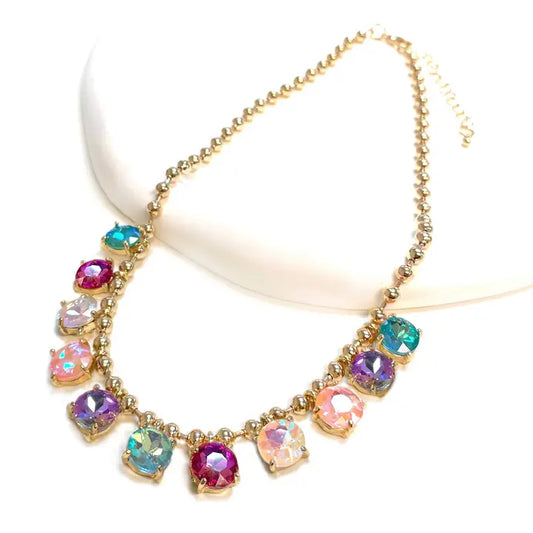 Crystal Glass Bead Dangle Station Ball Beaded Chain Necklace- Multi AB
