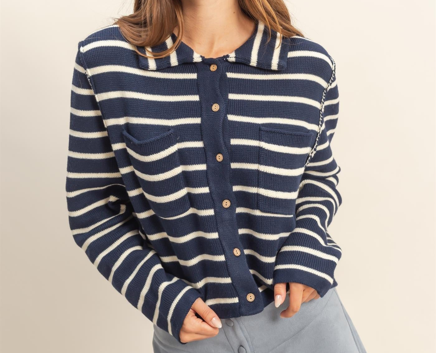 Navy/Cream Collared Striped Button-down Casual Sweater