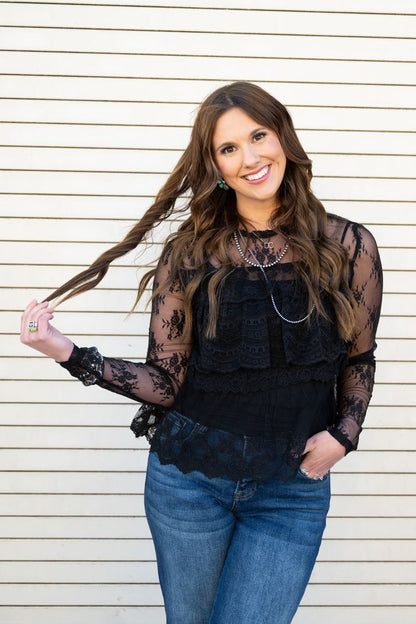 Heather Welper Collection Black Tiered Lace Long Sleeve Top