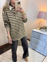 Taupe/Black Button up Collar Long Sleeve Top