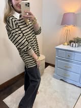Taupe/Black Button up Collar Long Sleeve Top