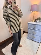 Taupe/Black Button up Collar Long Sleeve Top