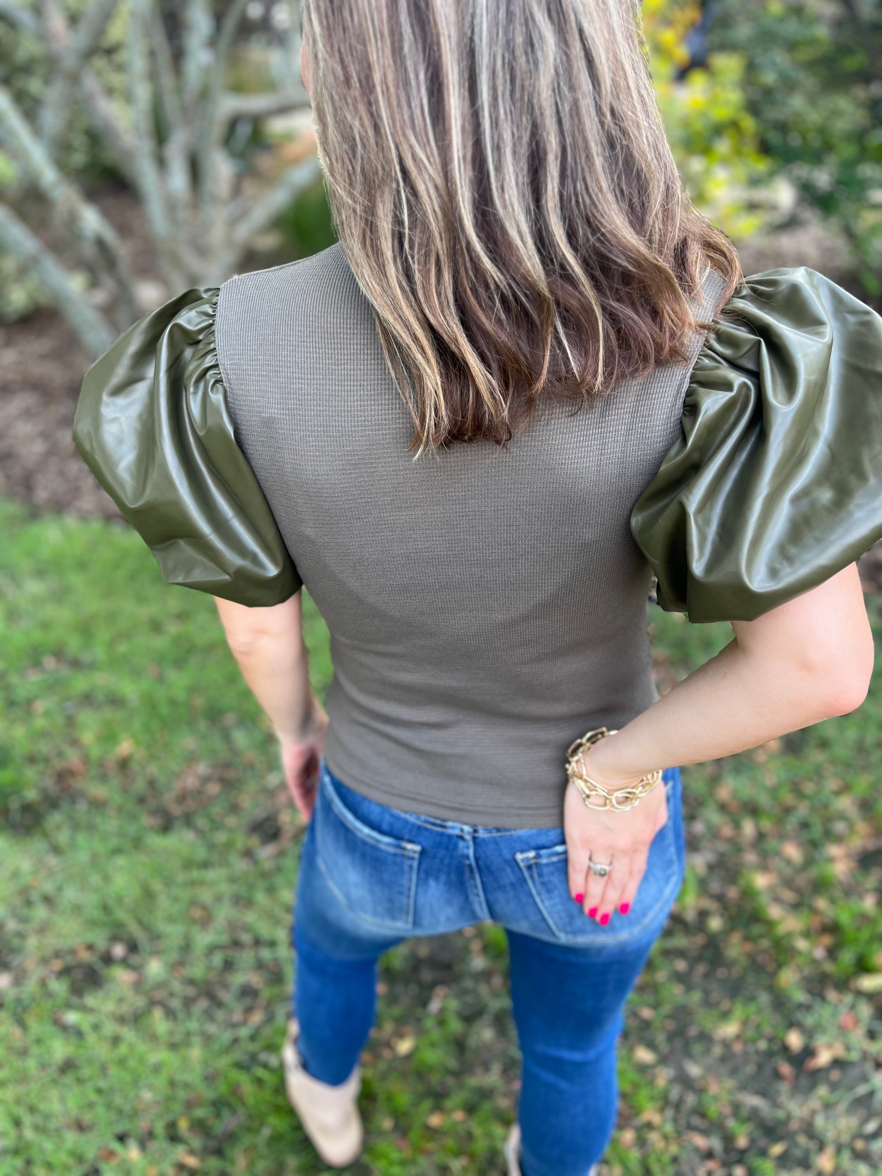 Olive Leather Sleeve Top