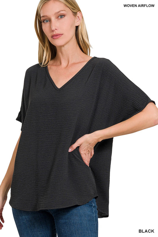 Black Woven Airflow V-neck Short Sleeve Top