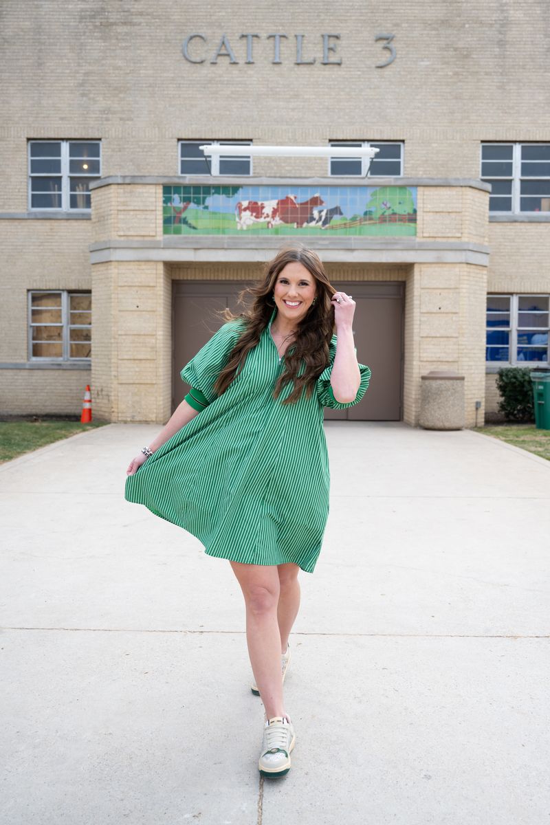 Heather Welper Collection Kelly Green Mock Neck Band Puff Sleeve Mini Dress