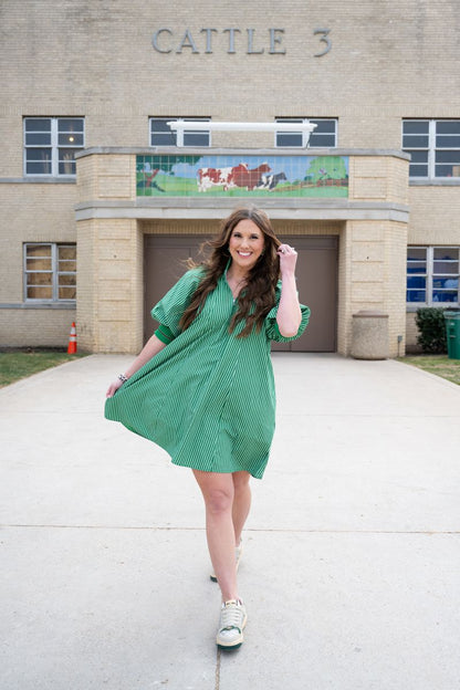 Heather Welper Collection Kelly Green Mock Neck Band Puff Sleeve Mini Dress