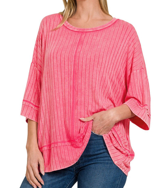 Fuchsia Ribbed Drop Shoulder V-Neck Dolman Top