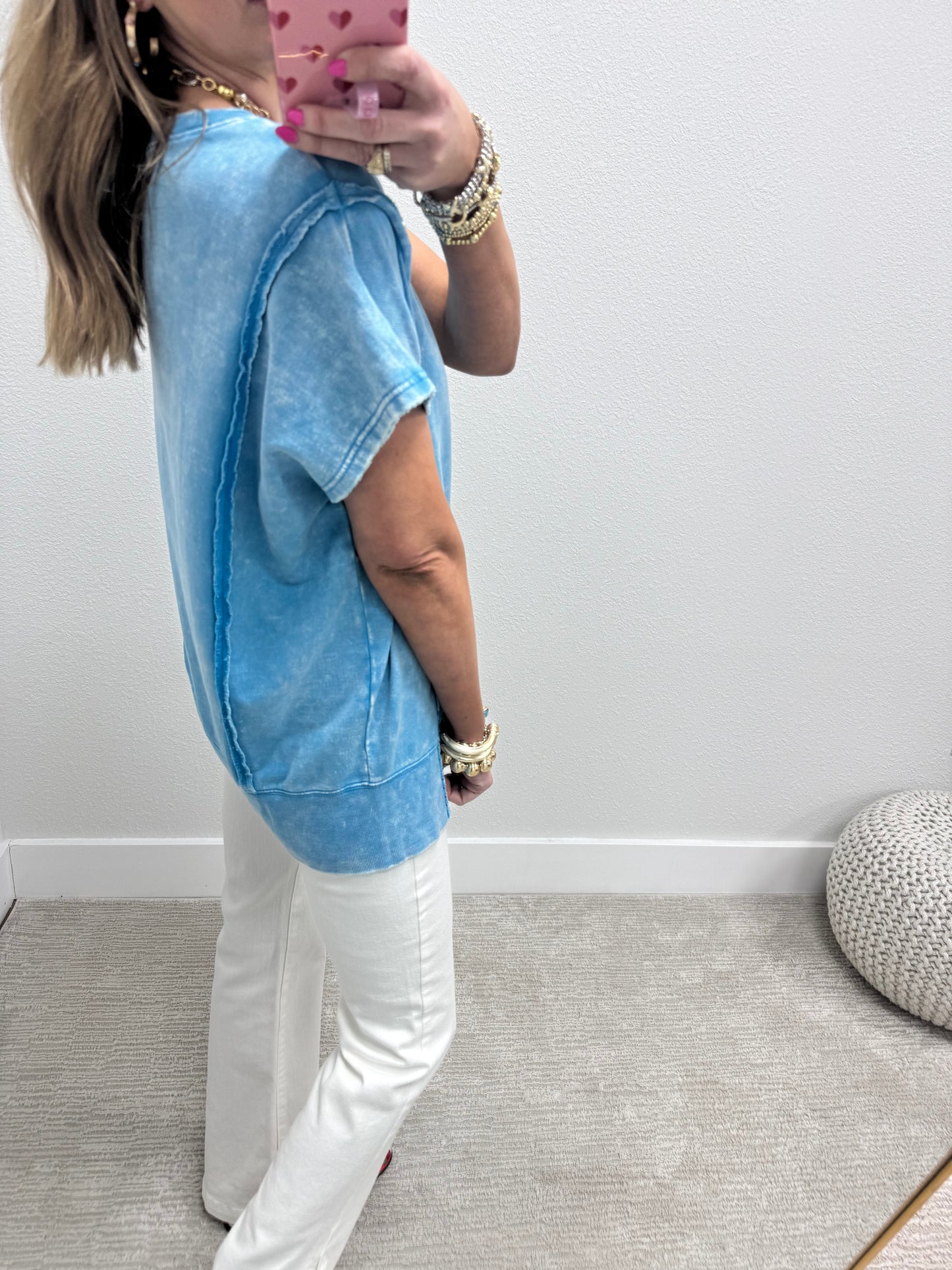 Sky Blue Mineral Washed Exposed Hem Short Sleeve
