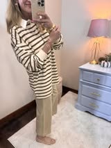Cream/Brown Button up Collar Long Sleeve Top
