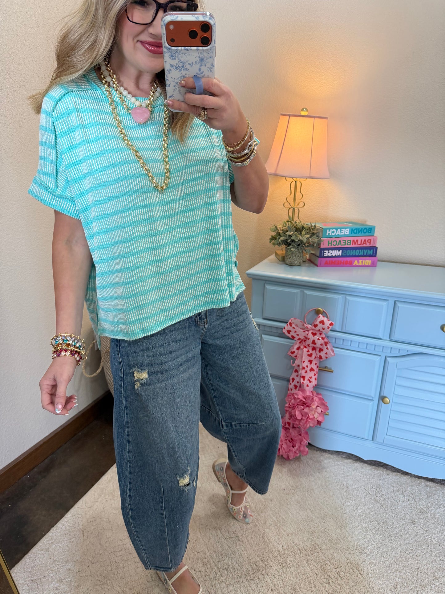 Turquoise Raised Rib Stripe Exposed Hem Top