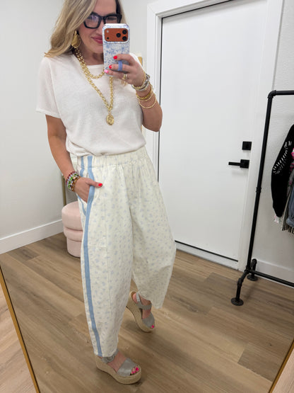 Light Blue 2 Solid Side Band Floral Print Twill Denim Barrel Pants