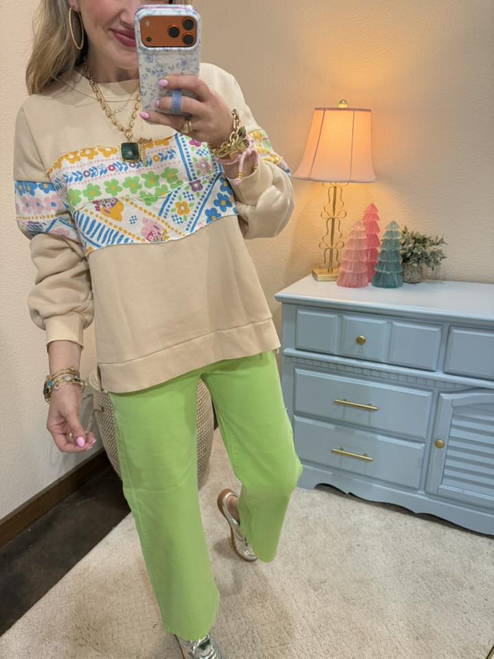 Oatmeal Mineral Washed Top with Floral Patch Details