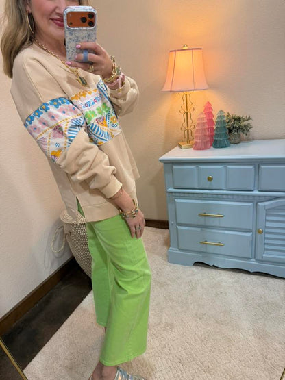 Oatmeal Mineral Washed Top with Floral Patch Details