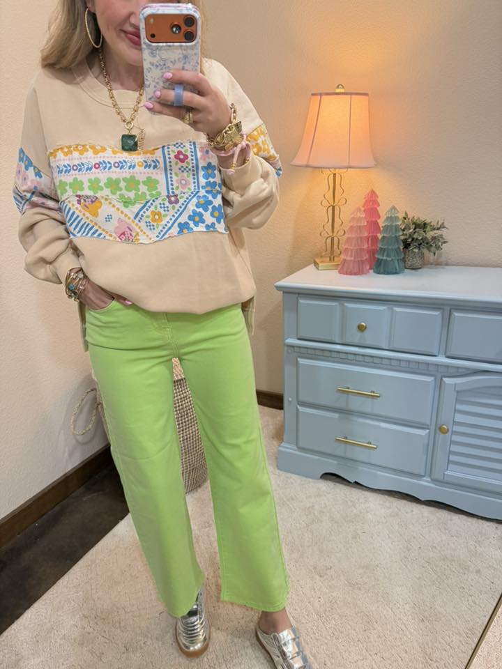 Oatmeal Mineral Washed Top with Floral Patch Details