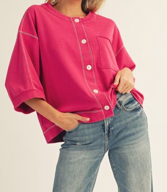 Magenta Multi Stitched Accent Washed Top