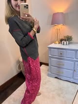 Charcoal / Hot Pink Round Neck Contrast Trim Sweater