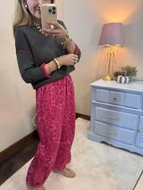 Charcoal / Hot Pink Round Neck Contrast Trim Sweater