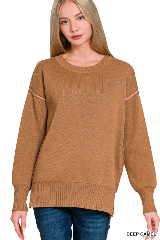 Deep Camel/ Pink Round Neck Contrast Trim Sweater