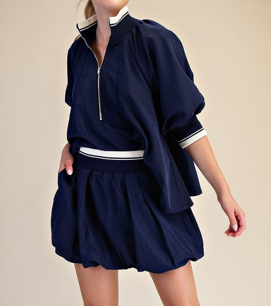 Navy Waist Rib Band Bubble Skort Set