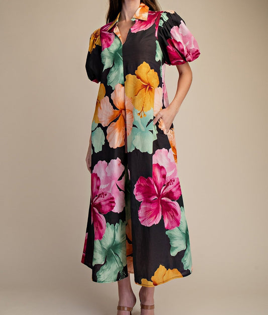 Black Floral Collar V-neck Pleated Midi Dress