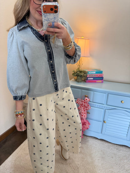 Heather Gray Denim Collar Button Up Top