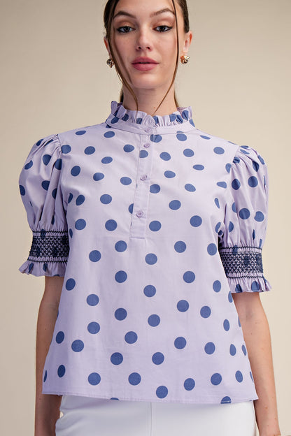 Lavender Ruffle Neck Polka Dot Puff Sleeve Blouse