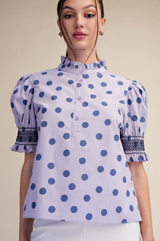 Lavender Ruffle Neck Polka Dot Puff Sleeve Blouse