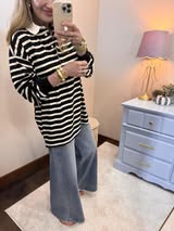 Black/Cream Button up Collar Long Sleeve Top