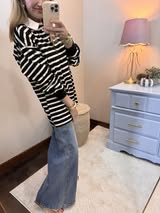 Black/Cream Button up Collar Long Sleeve Top