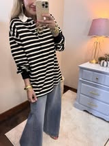Black/Cream Button up Collar Long Sleeve Top