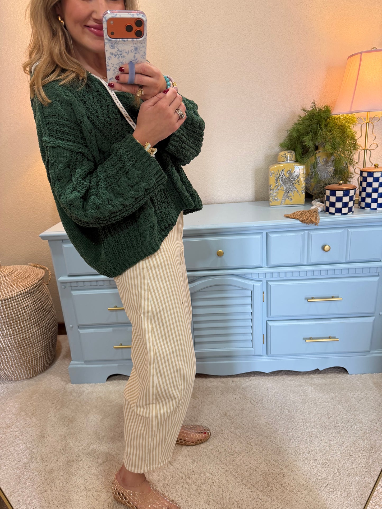 Green Cable Knit Printed Tie Sweater