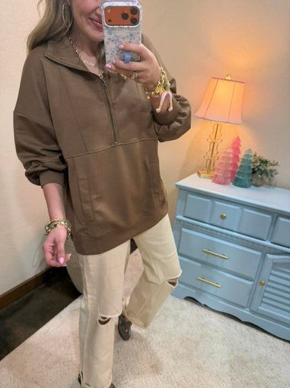 Mocha Half Zip Up Over-sized Casual Comfy Knit Top