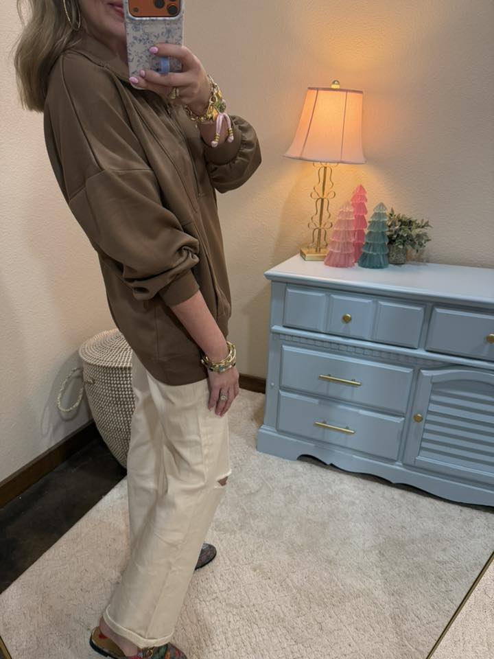 Mocha Half Zip Up Over-sized Casual Comfy Knit Top