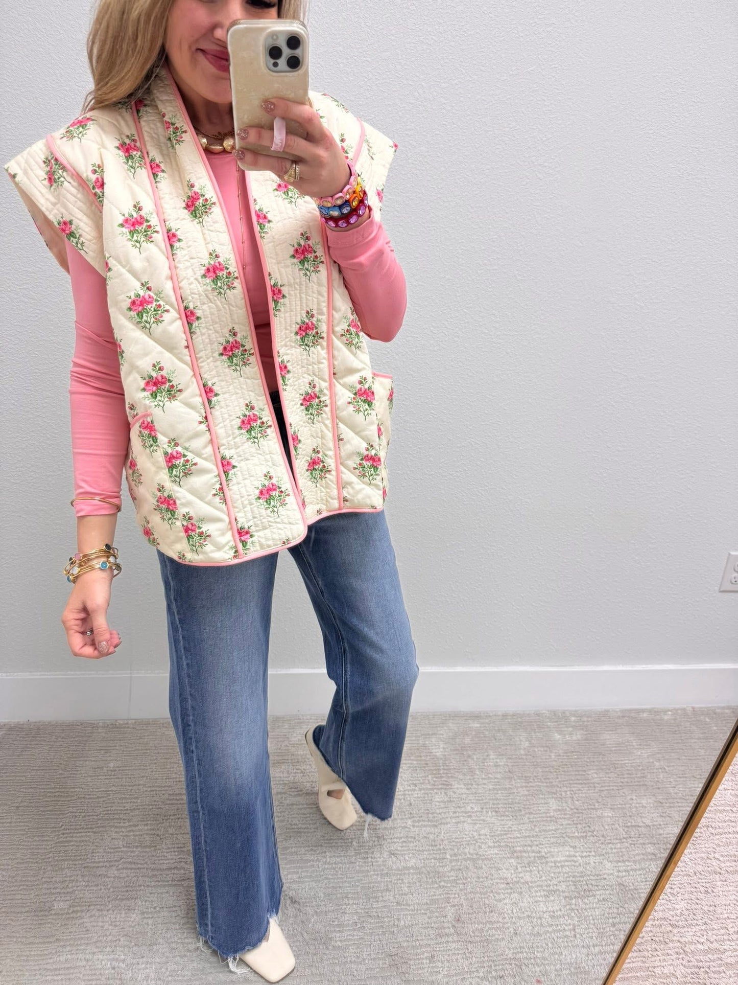 Ivory & Pink Floral Print Quilted Vest With Pockets