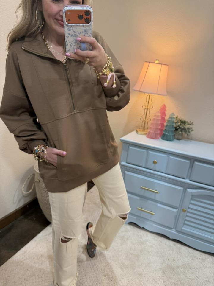 Mocha Half Zip Up Over-sized Casual Comfy Knit Top