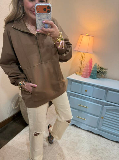 Mocha Half Zip Up Over-sized Casual Comfy Knit Top