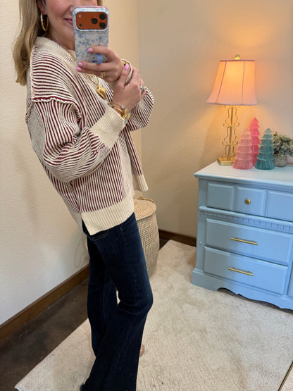 Burgundy Two Tone Crew-Neck Sweater FS