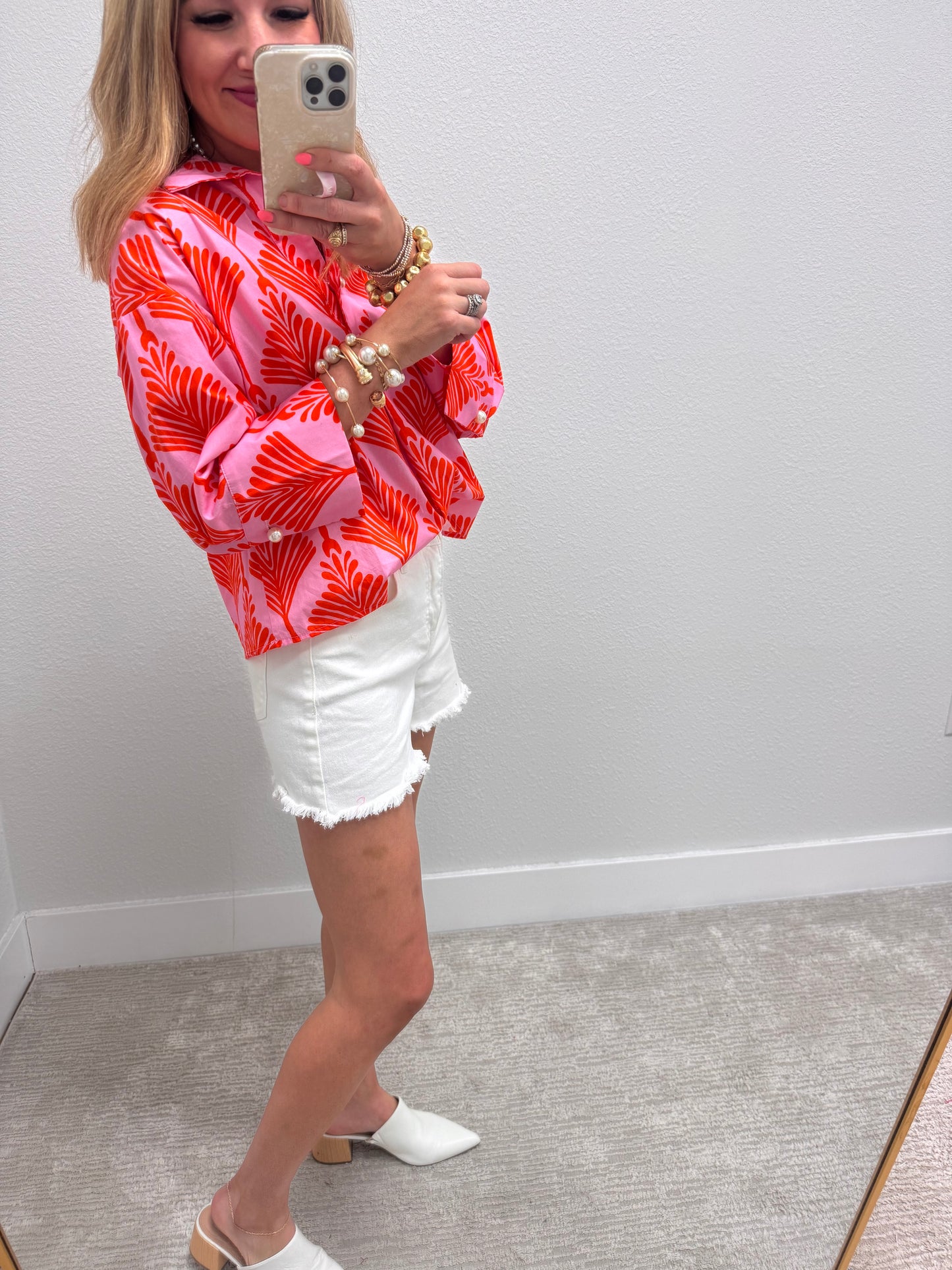 Orange Quarter Button Long Sleeve Top