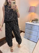 Leopard Printed Soft Knit Crew Neck Pant Set