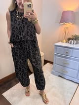 Leopard Printed Soft Knit Crew Neck Pant Set