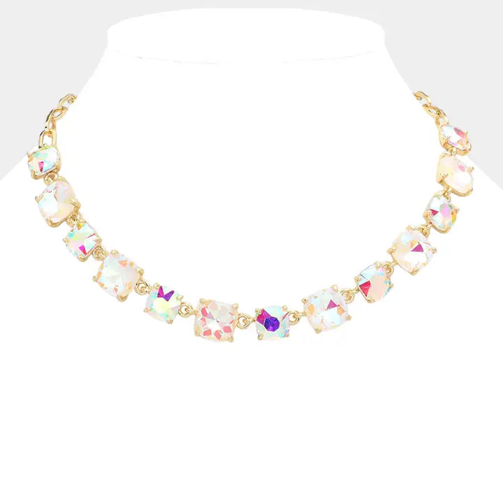 Cushion Square Stone Link Evening Necklace- Iridescent Stone
