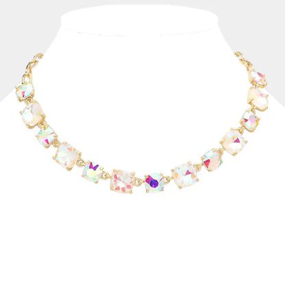 Cushion Square Stone Link Evening Necklace- Iridescent Stone