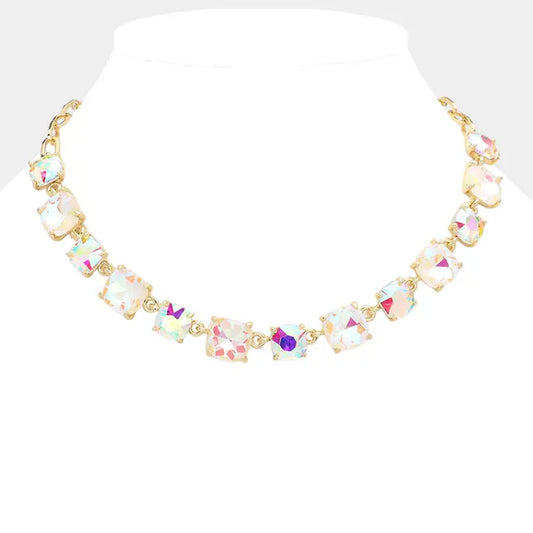 Cushion Square Stone Link Evening Necklace- Iridescent Stone