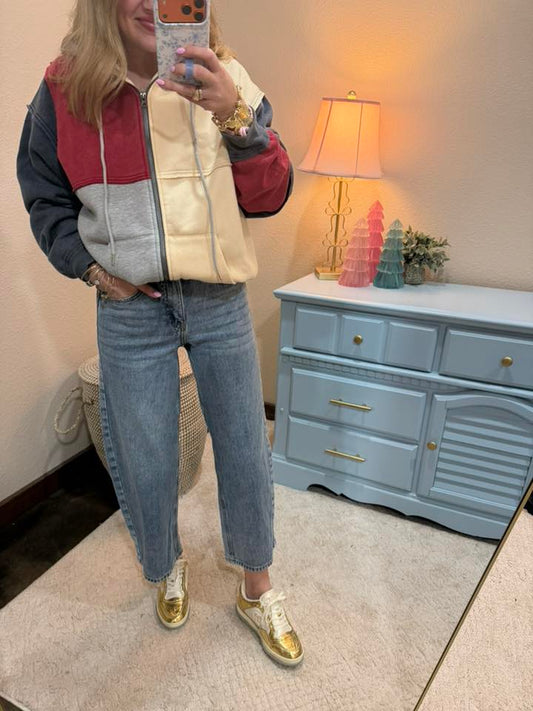 Navy Mix Mineral Washed Colorblock Hoodie Jacket