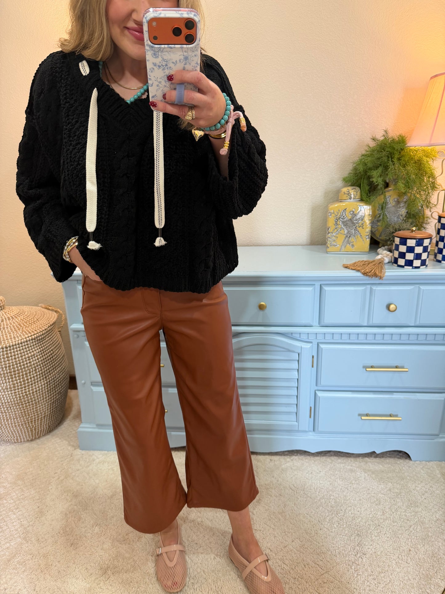 Black Cable Knit Printed Tie Sweater