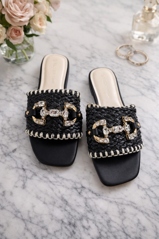 SS90 Black Raffia Crystal Sandal