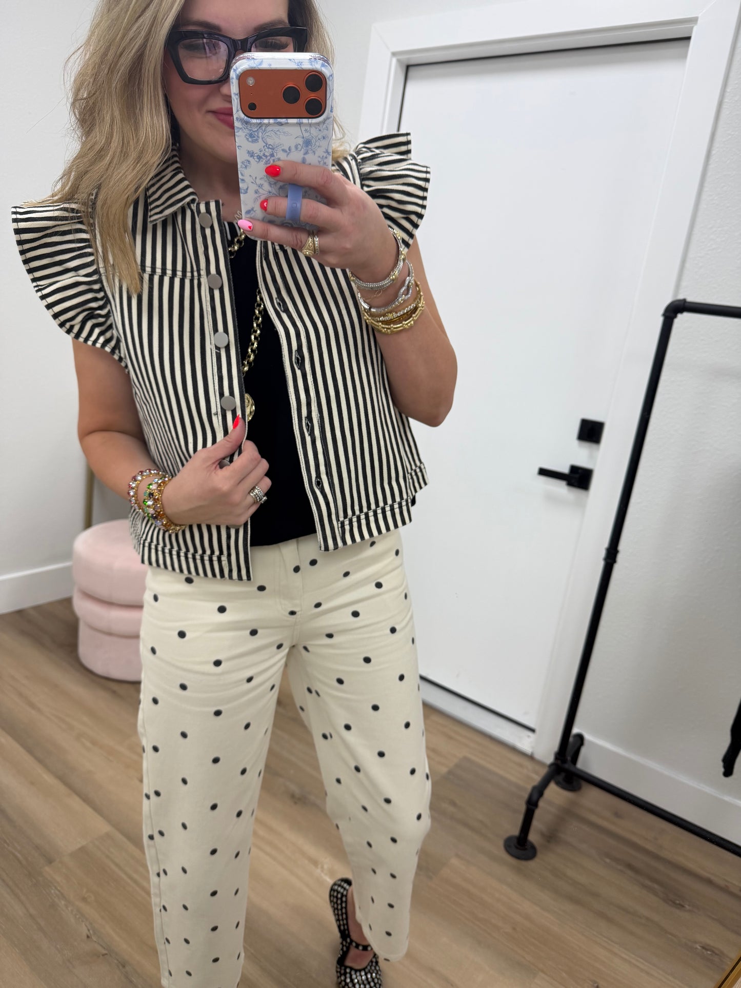 Cream & Black Polka Dot Twill Denim Straight Fit Pants