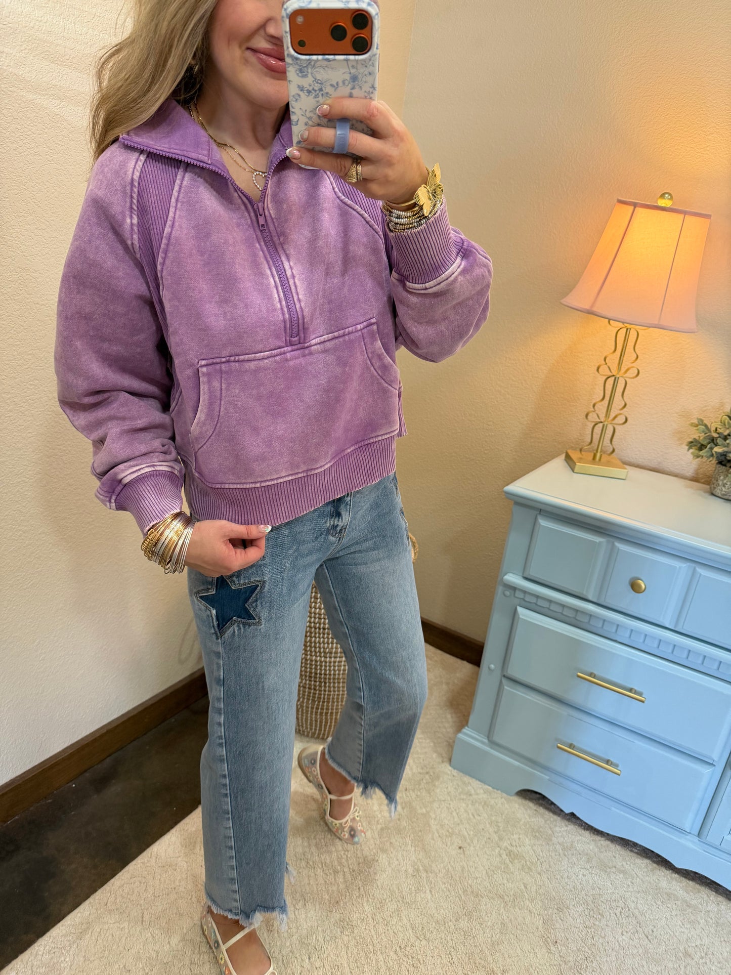 Violet Acid Washed Half Zip Fleece Pullover