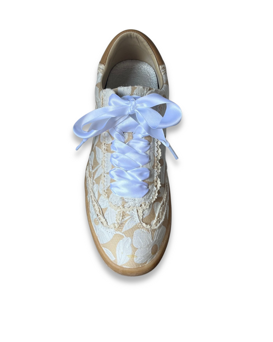 Destiny Cream and Beige Silk Lace Floral Sneakers